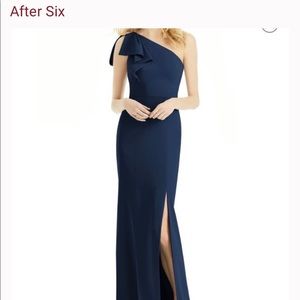 Navy Blue Dessy One Shoulder Bow Dress
